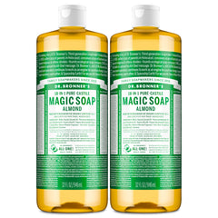 Dr. Bronner's almond front packaging showing dual 32oz bottles and sustainable value