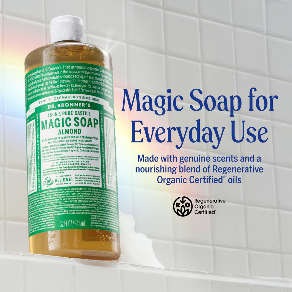 Dr. Bronner's label closeup highlighting organic and fair-trade ingredient claims