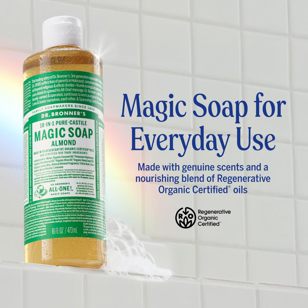 Dr. Bronner's almond soap being poured from bottle for easy dilution