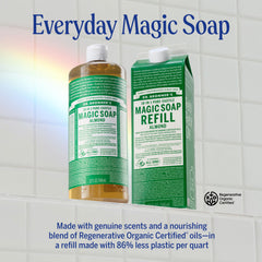 Dr. Bronner's almond poured into pump bottle creating usable lather