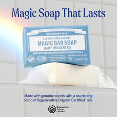 close-up of Dr. Bronner's bar texture highlighting smooth, dense soap surface and gentle formula