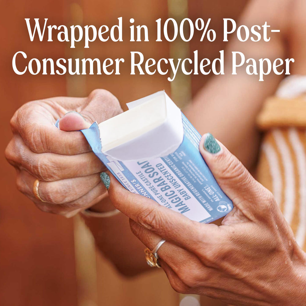 bathroom scene with Dr. Bronner's bar on dish illustrating everyday, gentle cleansing use