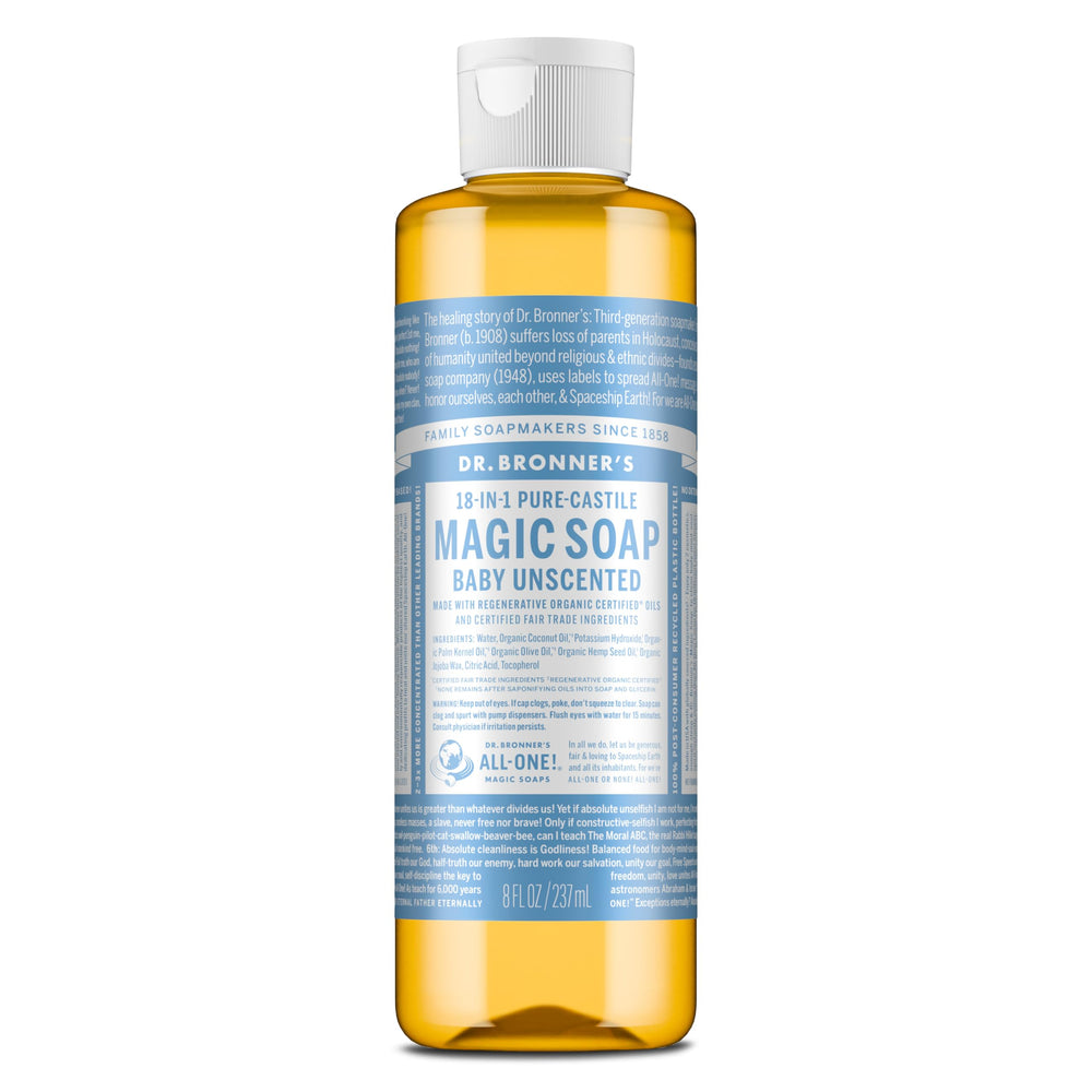 Dr. Bronner's baby unscented front label showing clear ingredients and benefit
