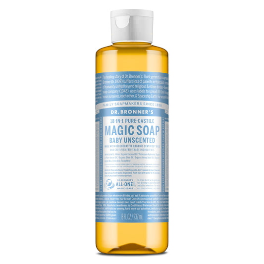 Dr. Bronner's baby unscented front label showing clear ingredients and benefit