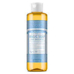Dr. Bronner's baby unscented front label showing clear ingredients and benefit