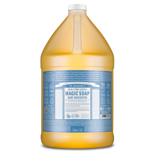 Dr. Bronner's baby unscented gallon front label showing product benefits
