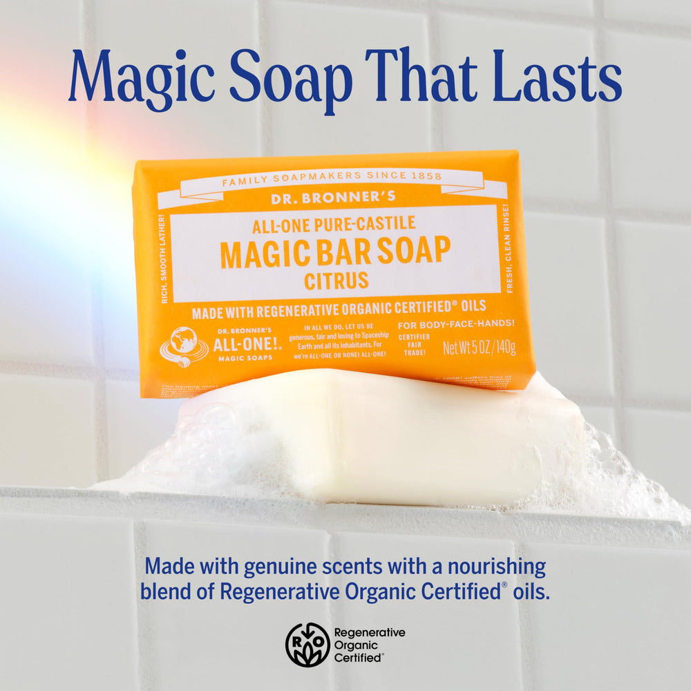 Dr. Bronner's bar producing rich lather to demonstrate effective cleansing foam
