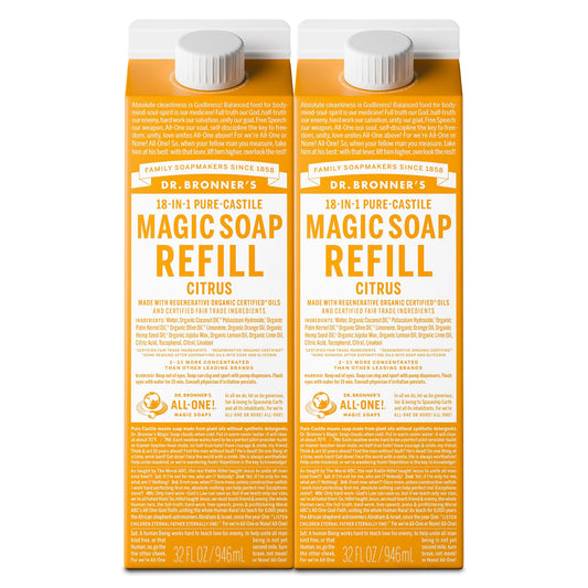 Dr. Bronner's citrus 2-pack front cartons showing eco refill benefit