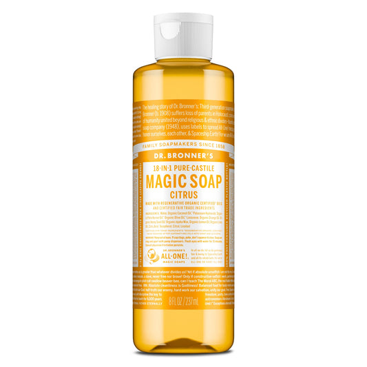 Dr. Bronner's citrus front packaging showing brand and concentrated benefit