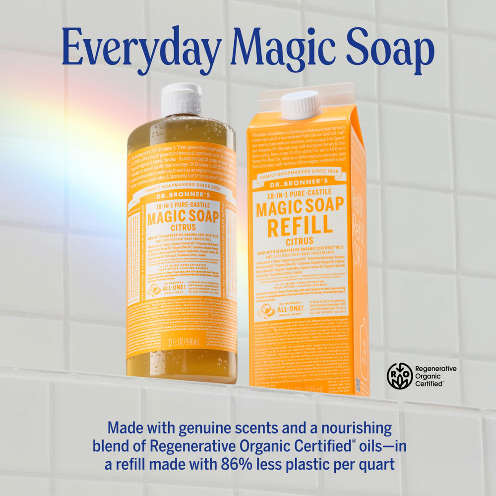 Dr. Bronner's rich lather foam illustrating effective cleansing