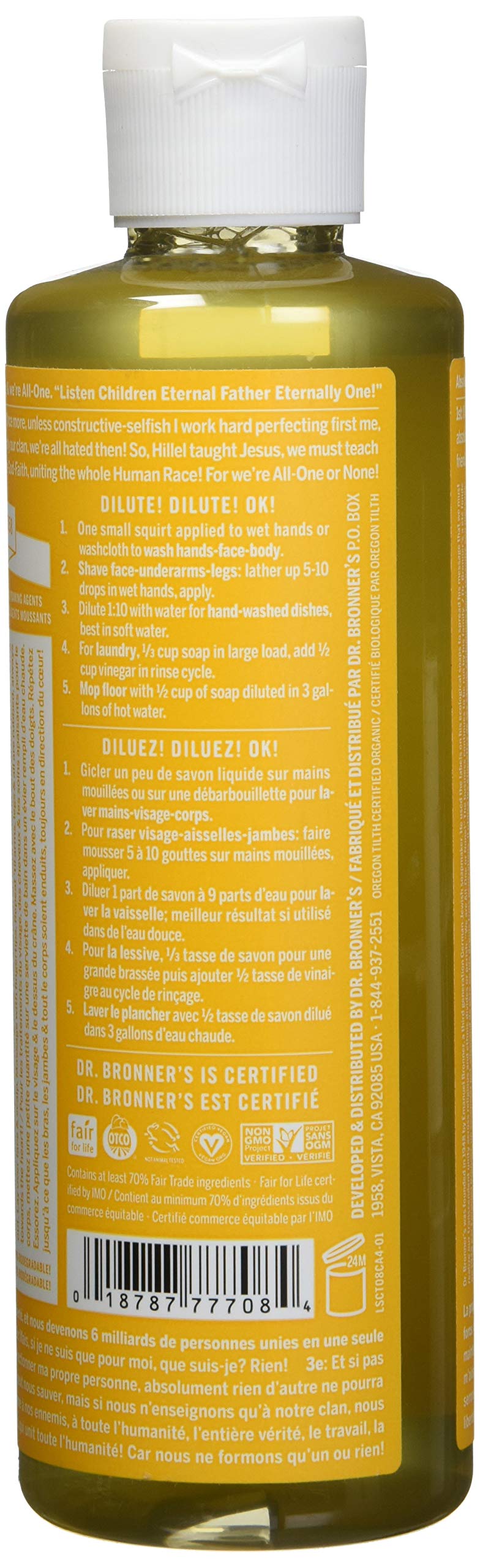 Dr. Bronner's Citrus Orange bottle in shower setting demonstrating versatile body and hand use