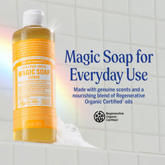 Dr. Bronner's pouring citrus soap to illustrate controlled, economical use