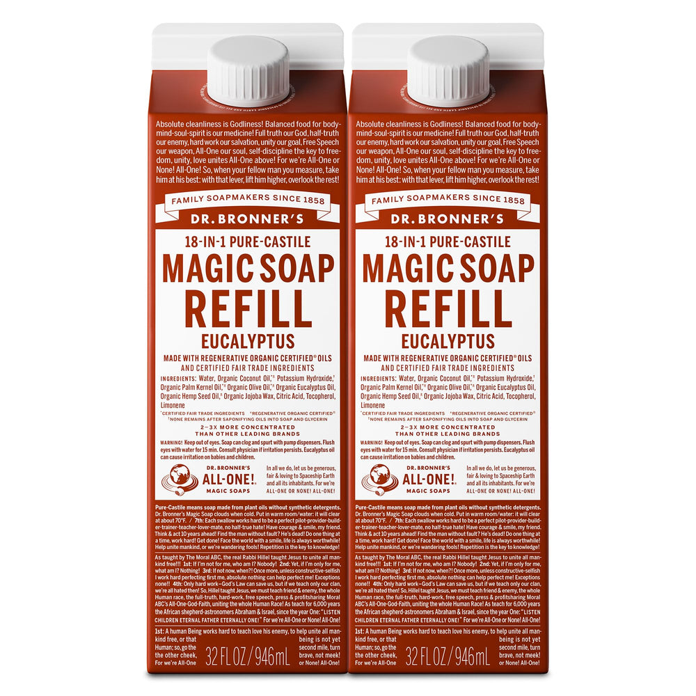 Dr. Bronner's eucalyptus two-pack front packaging showing refill cartons and branding benefits