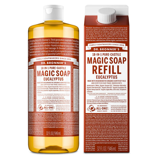 Dr. Bronner's eucalyptus bottle front showing clear label and organic benefits