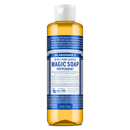 Dr. Bronner's front bottle showing peppermint label and eco benefits