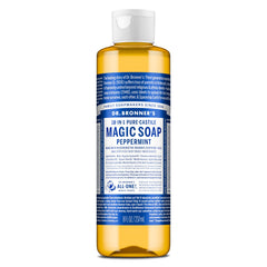 Dr. Bronner's front bottle showing peppermint label and eco benefits