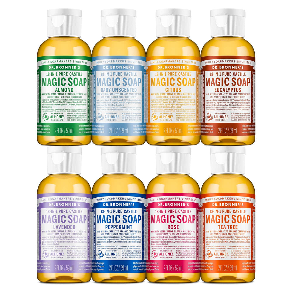 dr bronner's front packaging variety pack shows travel-friendly bottles and organic claim
