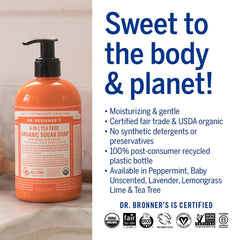 Dr. Bronner's bottle in shower demonstrating versatile body and hair use
