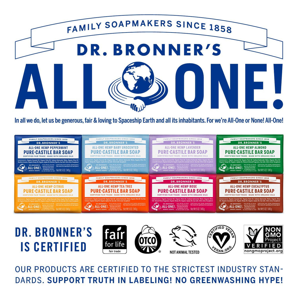 Dr. Bronner's ingredient label highlighting organic oils and vegan text