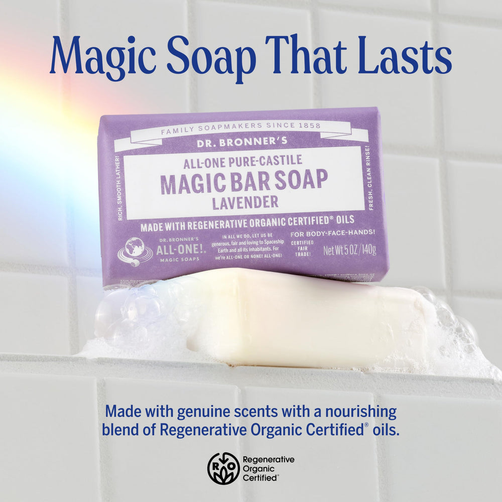 Dr. Bronner's close-up texture of lavender bar highlighting creamy lather