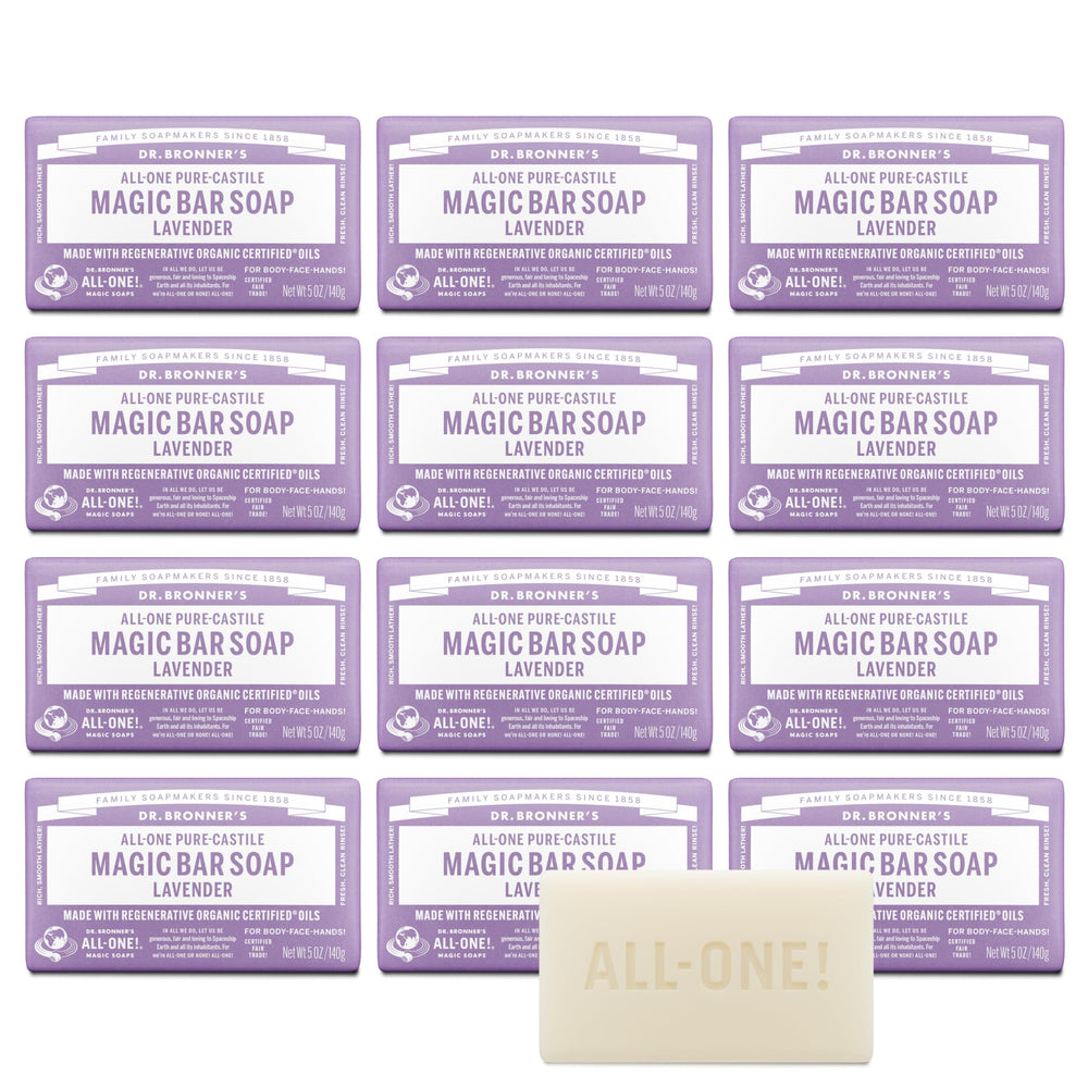 Dr. Bronner's lavender bar front packaging showing product identity and benefits