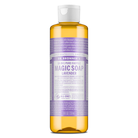 Dr. Bronner's front bottle image showing lavender scent and compact size benefits