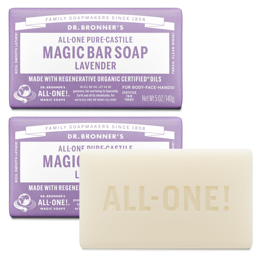 Dr. Bronner's lavender bar front packaging showing product benefits