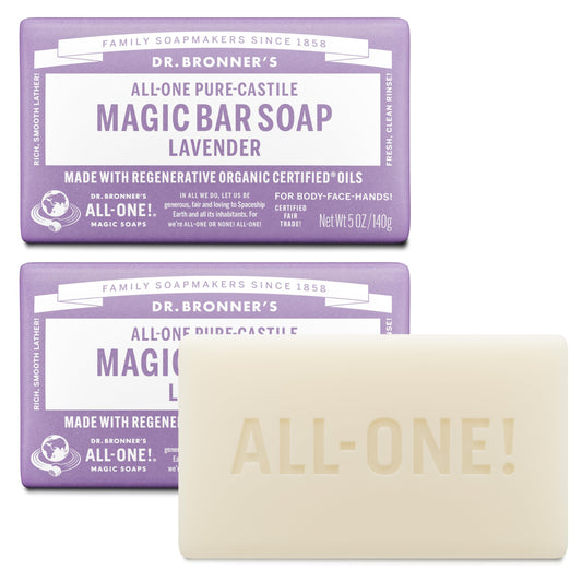 Dr. Bronner's lavender bar front packaging showing product benefits