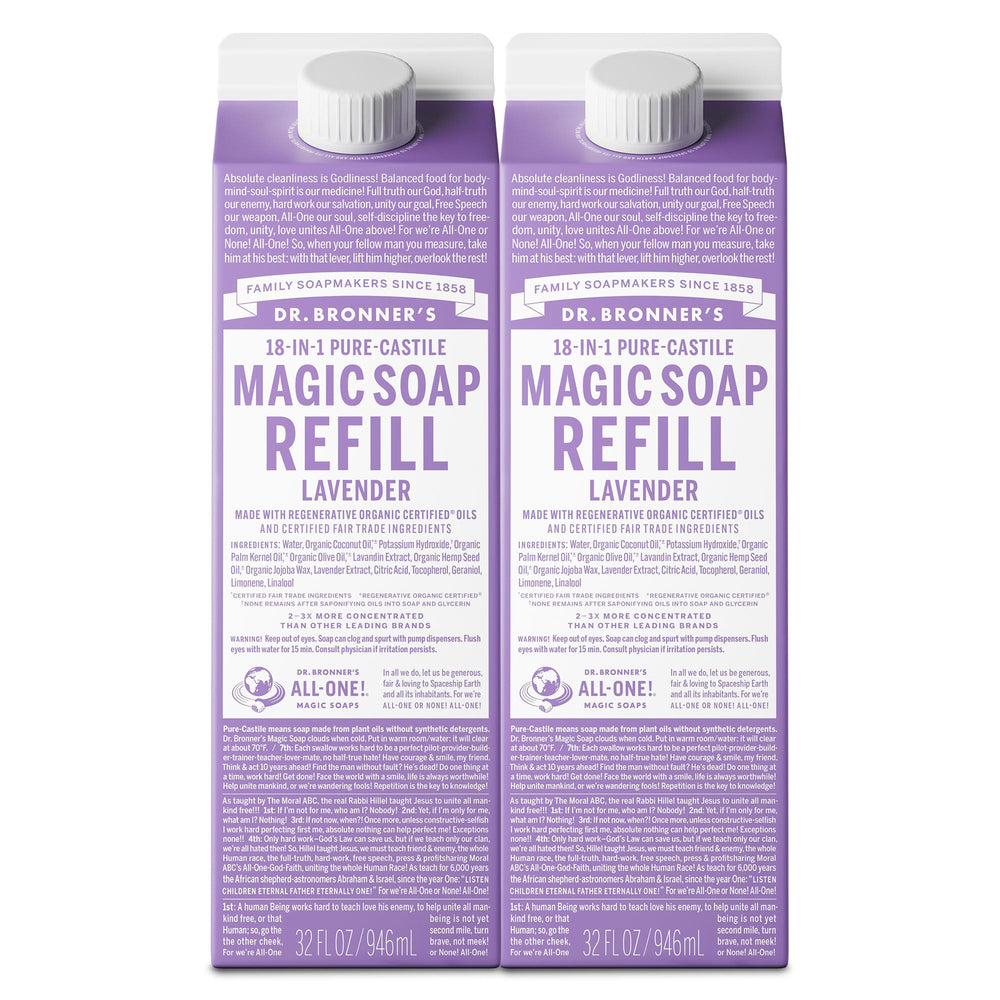 Dr. Bronner's lavender refill front packaging shows label and certifications benefit reuse