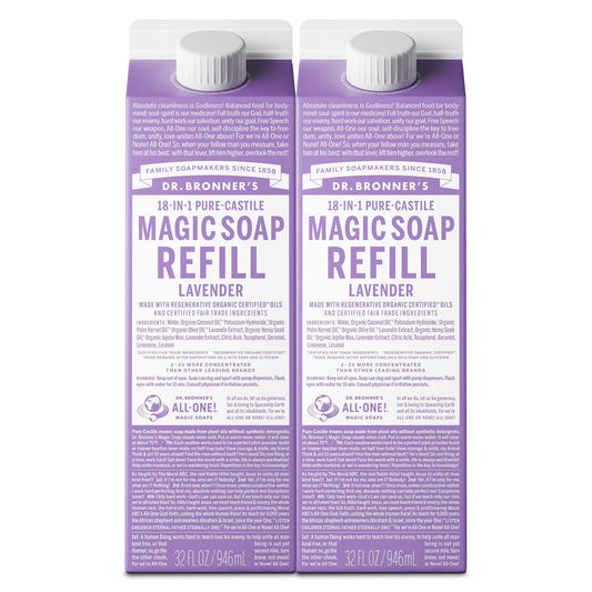 Dr. Bronner's lavender refill front packaging shows label and certifications benefit reuse