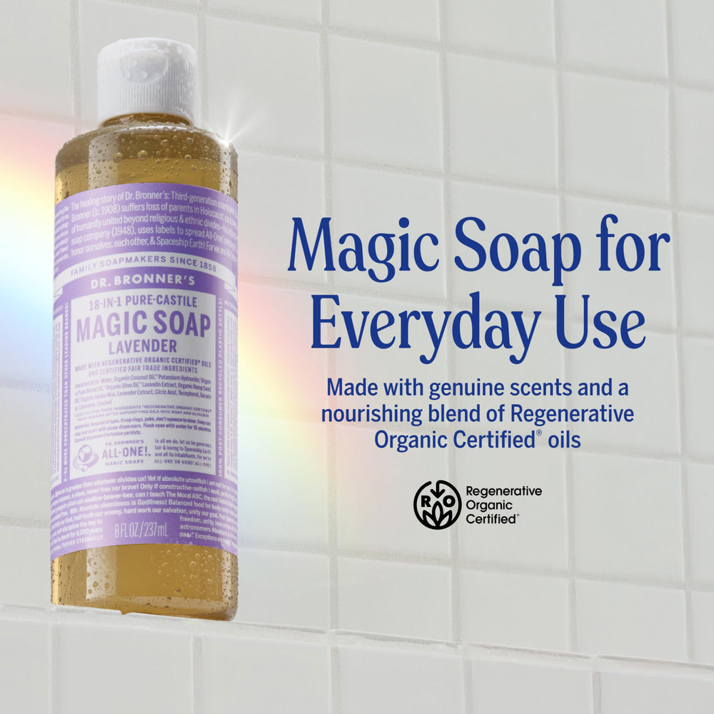 Dr. Bronner's label close-up highlighting organic ingredients and certification benefits