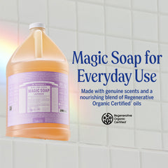 Dr. Bronner's soap being poured from gallon into smaller bottle, prevents waste
