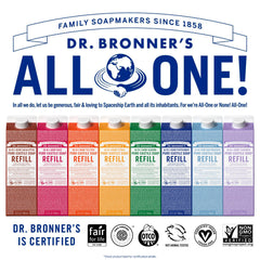 Dr. Bronner's lavender carton beside common bottle for scale and refill convenience
