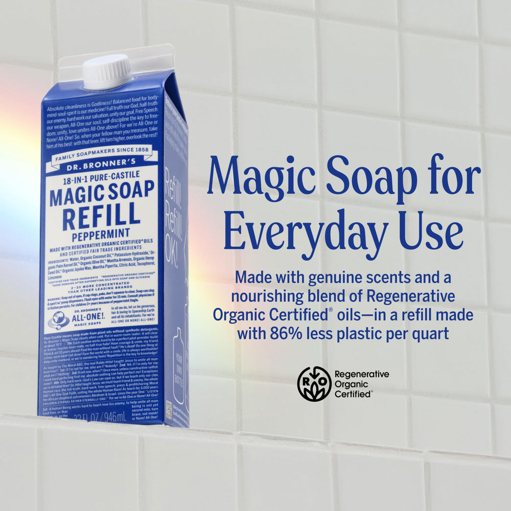 Dr. Bronner's pouring peppermint liquid refill into dispenser demonstrating concentrated use