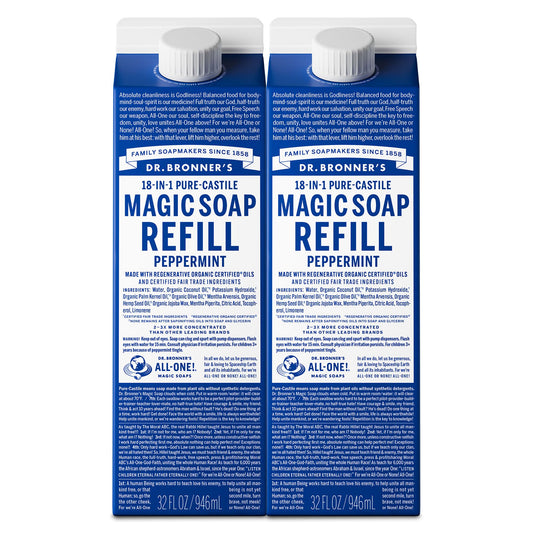 Dr. Bronner's peppermint front packaging shows two 32oz cartons for sustainable refills