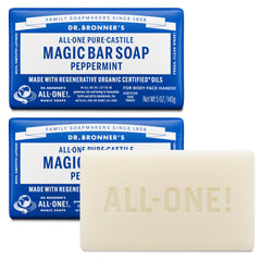 Dr. Bronner's peppermint front packaging showing two 5oz bars and branding benefits