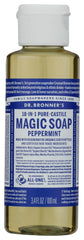 Dr. Bronner's peppermint bottle front label showing organic 18-in-1 benefits