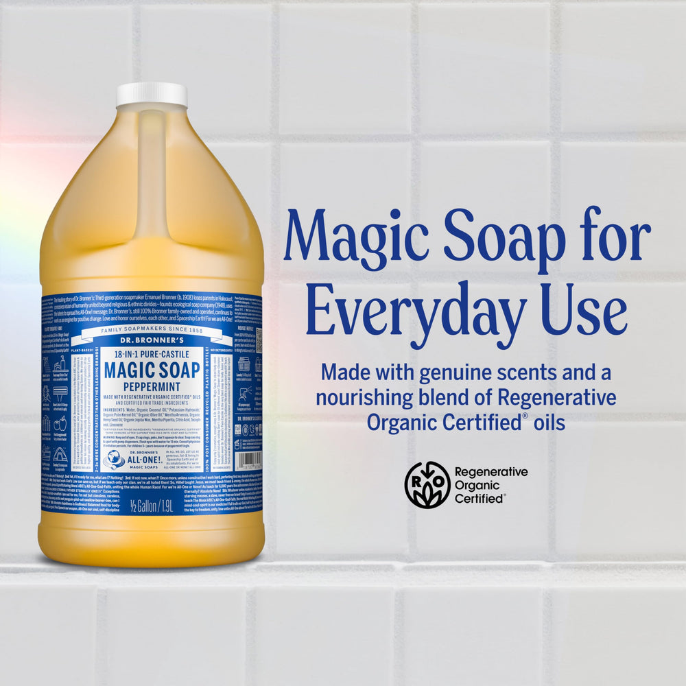 Dr. Bronner's being poured into dispenser showing control and concentrated usage benefit