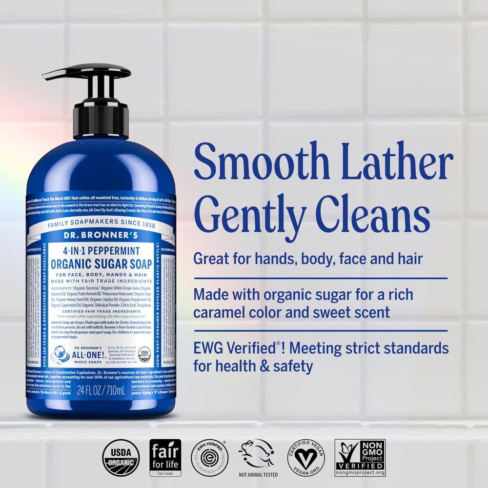 Dr. Bronner's dispensing peppermint soap from pump demonstrating easy use