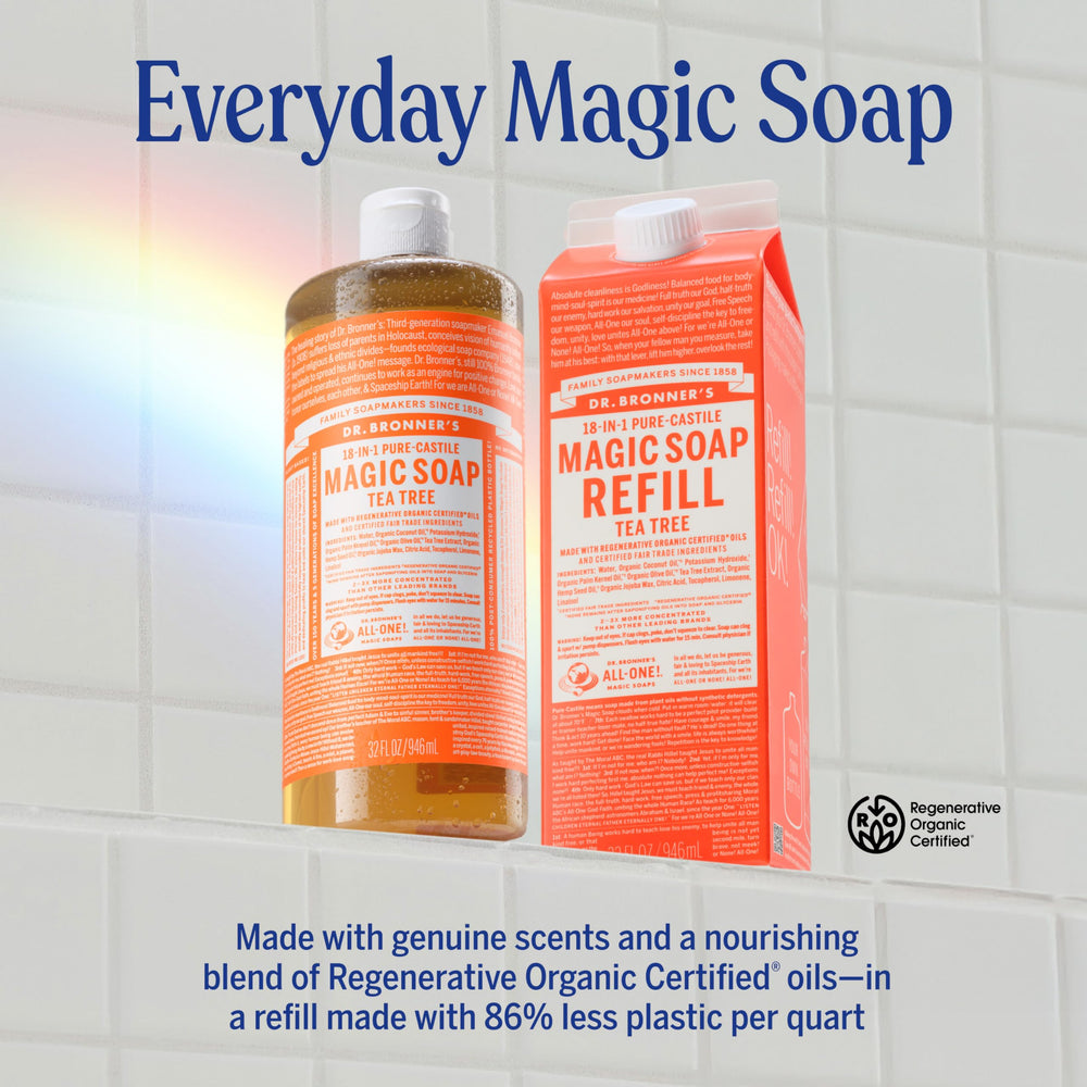Dr. Bronner's soap being poured into a dispenser to show dilution control and concentration