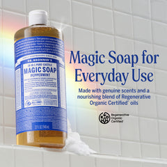 Dr. Bronner's soap being poured and lathering to demonstrate rich foam and efficiency