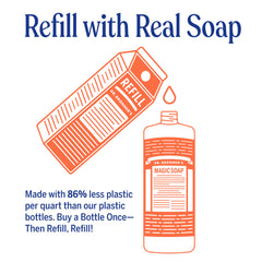 Dr. Bronner's refill pouch packaging being held, highlighting eco-friendly refill benefit