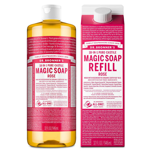 Dr. Bronner's rose bottle front view showing scent and size benefits
