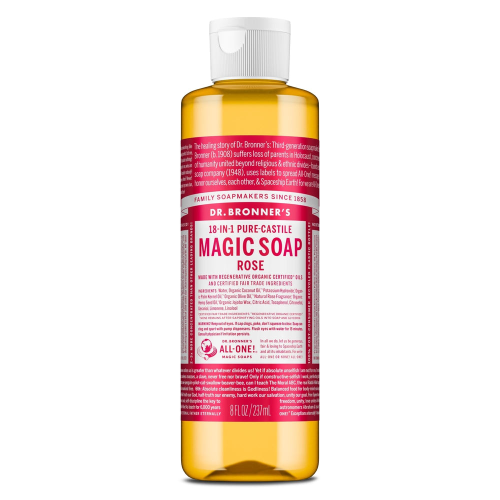 Dr. Bronner's rose bottle front label showing size and benefits