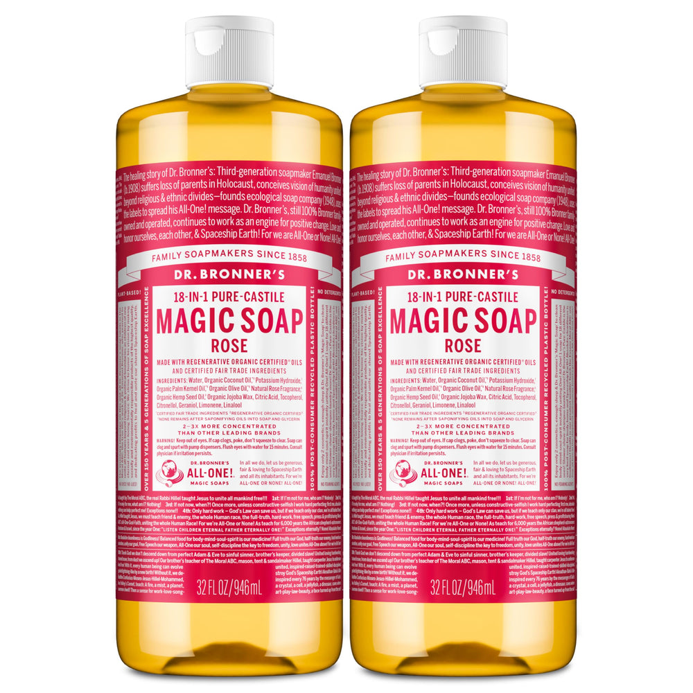 Dr. Bronner's rose front packaging shows two 32 oz bottles and benefits