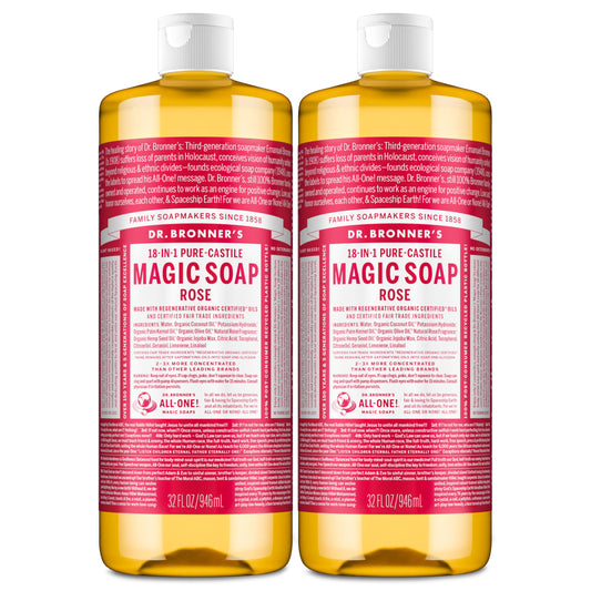 Dr. Bronner's rose front packaging shows two 32 oz bottles and benefits