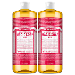 Dr. Bronner's rose front packaging shows two 32 oz bottles and benefits
