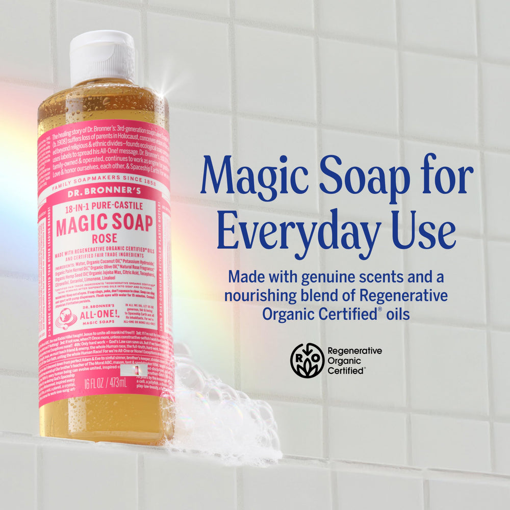 Dr. Bronner's rose label closeup highlighting organic and fair-trade ingredients