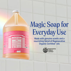 Dr. Bronner's rose soap being poured, illustrating concentrated use