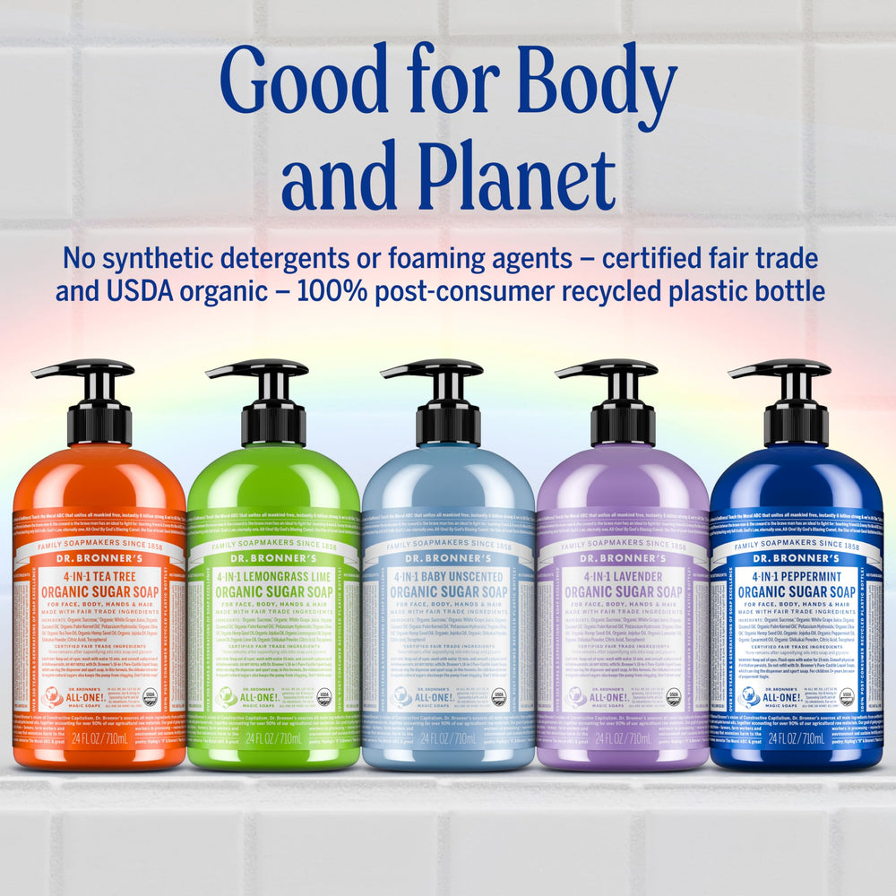 Dr. Bronner's 64oz bottle held in hand showing large size and value benefit